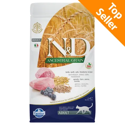 Farmina N&D Ancestral Grain Adult agnello, farro, avena, mirtillo. Gatti adulti. Ricetta con agnello, farro, avena, mirtillo. Top Seller. 1,5 kg. Made in Italy. Senza OGM. Farmina N&D Ancestral Grain Adult agnello, farro, avena, mirtillo. Gatti adulti. Ricetta con agnello, farro, avena, mirtillo. Top Seller. 1,5 kg. Made in Italy. Senza OGM.