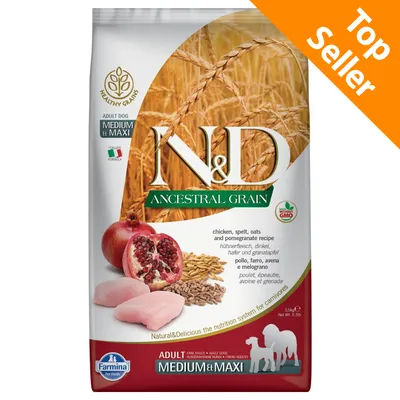 Farmina N&D Ancestral Grain Adult Medium & Maxi, pollo, farro, avena e melograno, sacco da 2,5 kg. Top Seller visibile in alto a destra. Farmina N&D Ancestral Grain Adult Medium & Maxi, pollo, farro, avena e melograno, sacco da 2,5 kg. Top Seller visibile in alto a destra.