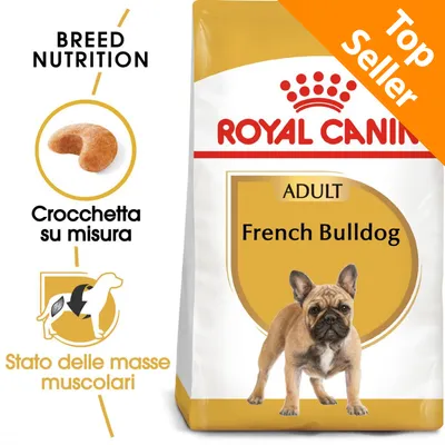 ROYAL CANIN ADULT French Bulldog, crocchetta su misura, stato delle masse muscolari, Top Seller visibile sulla confezione.
