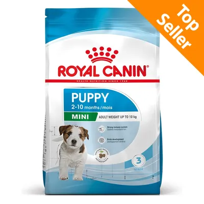 Royal Canin Puppy Mini 2–10 months, peso adulto fino a 10 kg. Top Seller. Immagine di un cucciolo sulla confezione. Testo in inglese: Strong immune system, Brain development.