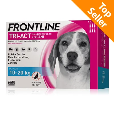 FRONTLINE TRI-ACT soluzione spot-on per cani 10–20 kg, contro pulci, zecche, mosche cavalline, flebotomi, zanzare. Non usare nei gatti. Top Seller. FRONTLINE TRI-ACT soluzione spot-on per cani 10–20 kg, contro pulci, zecche, mosche cavalline, flebotomi, zanzare. Non usare nei gatti. Top Seller.