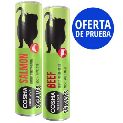 Cosma Snackies Pure Love, dos tubos: uno de salmón 100 % puro pescado y otro de beef 100 % pura carne. Texto visible: OFERTA DE PRUEBA.