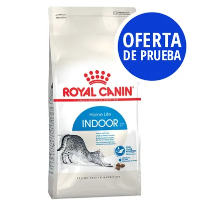 Royal Canin Home Life Indoor 27 para gatos adultos de interior. Texto visible: OFERTA DE PRUEBA. Reducción del olor de las heces, moderado contenido calórico.