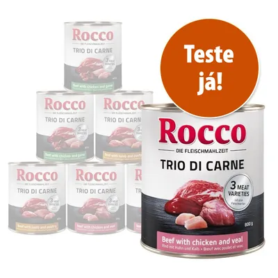 Latas de Rocco Trio di Carne, texto visível: '3 meat varieties', 'Beef with chicken and veal', destaque circular com 'Teste já!'.