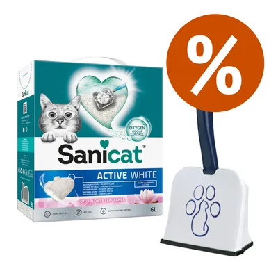 Sanicat Active White lettiera per gatti 6L, fragranza lotus flower, con paletta bianca e blu decorata con impronta di gatto. Simbolo percentuale arancione indica offerta.