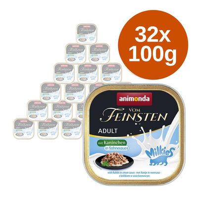 animonda Vom Feinsten Adult nyúlhússal tejszínes szószban, 32 x 100 g-os tálcák, Milkies-logó látható.