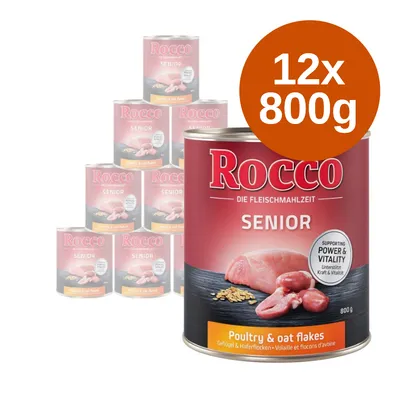 Rocco Senior Poultry & oat flakes, 12 puszek po 800 g. Widoczne opakowanie z napisem Supporting Power & Vitality oraz ilustracją mięsa i płatków owsianych.
