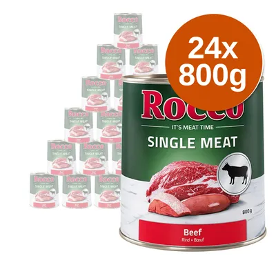 Rocco Single Meat Beef, zestaw 24 puszek po 800 g. Widoczna etykieta z nazwą produktu, ilustracją mięsa wołowego i symbolem psa.