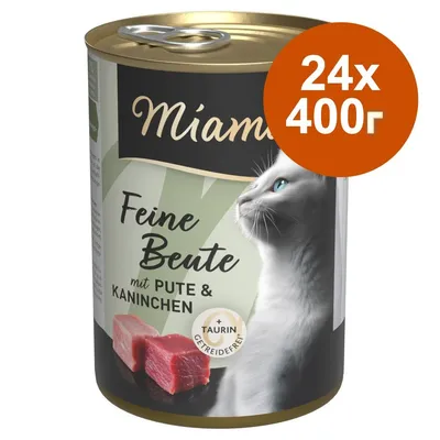 Консерва Miamor Feine Beute mit Pute & Kaninchen, 24×400 г, с изображение на котка и месо, надпис: + Taurin, Getreidefrei. Текстът е на немски.