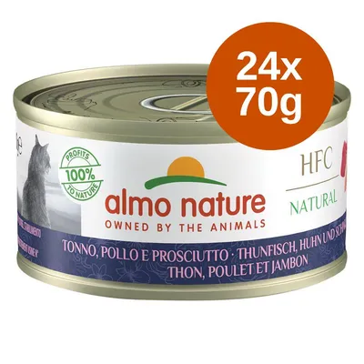 almo nature HFC Natural tonhal, csirke és sonka macskaeledel, 24x70g, Profits 100% to Nature felirat látható a dobozon almo nature HFC Natural tonhal, csirke és sonka macskaeledel, 24x70g, Profits 100% to Nature felirat látható a dobozon