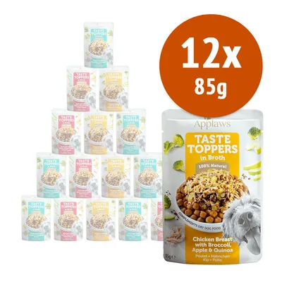 Confezione da 12 buste Applaws Taste Toppers in Broth, 85 g ciascuna. In primo piano variante Chicken Breast with Broccoli, Apple & Quinoa. Testo visibile: 100% Natural.