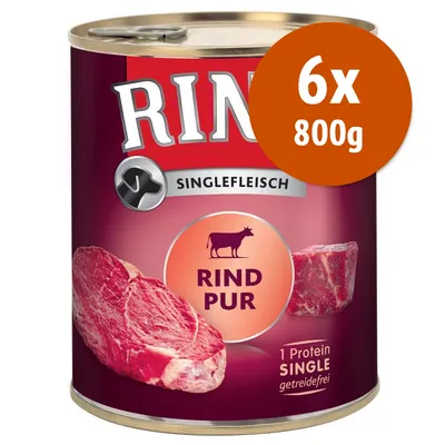 Confezione da 6 lattine Rinti Singlefleisch Rind Pur, 800 g ciascuna. Testo visibile: 1 Protein Single, getreidefrei. Confezione da 6 lattine Rinti Singlefleisch Rind Pur, 800 g ciascuna. Testo visibile: 1 Protein Single, getreidefrei.