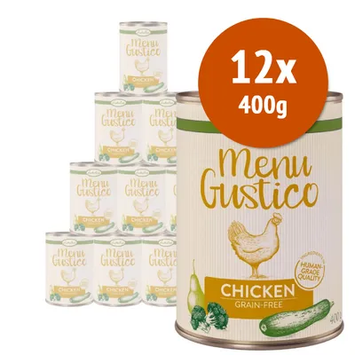 12 lattine da 400 g di Menu Gustico Chicken Grain-Free, illustrazione di pollo, zucchina e broccoli sulla confezione, testo visibile: Human Grade Quality.