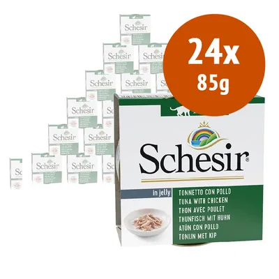 Schesir in jelly tonnetto con pollo, confezione da 24 x 85 g. Testo visibile: tuna with chicken, thon avec poulet, thunfisch mit huhn, atún con pollo, tonijn met kip.