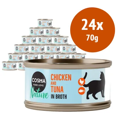 24 lattine da 70 g Cosma Pure Love Nature Chicken and Tuna in Broth, etichetta con silhouette di gatto e icone pollo e pesce. Testo in inglese visibile sulla confezione.