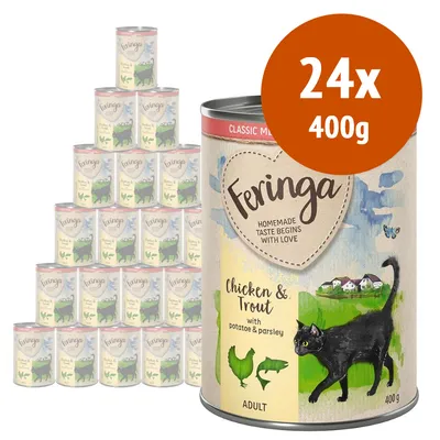 24 lattine da 400 g Feringa Chicken & Trout with potato & parsley, alimento per gatti adulti. Testo visibile: 'Homemade taste begins with love', illustrazione di gatto nero. 24 lattine da 400 g Feringa Chicken & Trout with potato & parsley, alimento per gatti adulti. Testo visibile: 'Homemade taste begins with love', illustrazione di gatto nero.