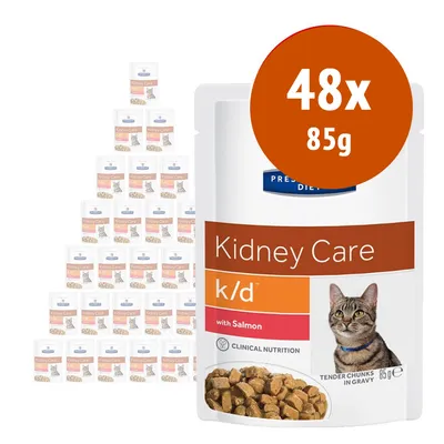48 buste da 85 g Hill's Prescription Diet Kidney Care k/d with Salmon per gatti, visibile scritta 'Tender chunks in gravy', immagine di un gatto e crocchette sul fronte confezione.
