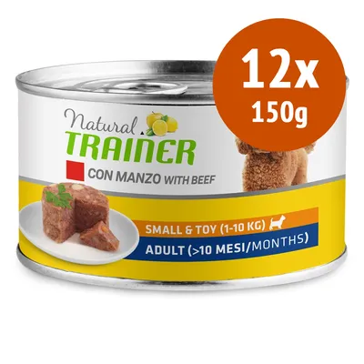 Natural Trainer con manzo, 12x150g. Small & Toy (1–10 kg), Adult (>10 mesi). Immagine di cibo per cani su piatto e parte di cane visibile sull'etichetta.