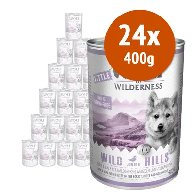 Wolf of Wilderness Little Wild Hills Junior, 24 lattine da 400 g, visibile scritta 100% grain-free. Gusto anatra e vitello con frutti di bosco, radici ed erbe selvatiche.