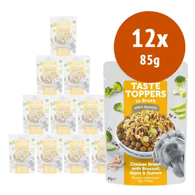 12 confezioni da 85 g Applaws Taste Toppers in Broth, petto di pollo con broccoli, mela e quinoa. Testo visibile: 100% Natural, Complements dry dog food.