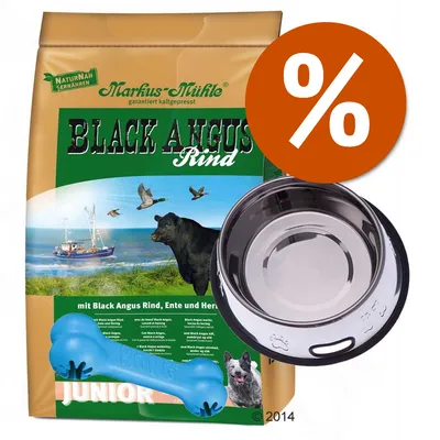 Confezione Markus-Mühle Black Angus Rind, ciotola in metallo, osso gioco KONG Junior e simbolo percentuale per offerta. Testo visibile: mit Black Angus Rind, Ente und Hering.