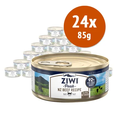 24 lattine da 85 g di Ziwi Peak NZ Beef Recipe per gatto, etichetta con scritta '92% meat, organs and NZ green mussels', immagine di paesaggio e mucche. 24 lattine da 85 g di Ziwi Peak NZ Beef Recipe per gatto, etichetta con scritta '92% meat, organs and NZ green mussels', immagine di paesaggio e mucche.