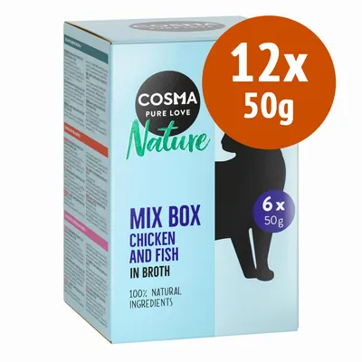 Cosma Nature Mix Box Chicken and Fish in Broth, 12x50g, 100% natural ingredients. Testo in inglese sulla confezione.