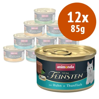 12x85g Animonda Vom Feinsten Mousse con Huhn + Thunfisch, confezione di lattine per gatti visibile in primo piano. Testo e marchio ben leggibili sull'etichetta.