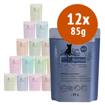 Confezione multipla Cat Finefood N°17, 12 buste da 85 g ciascuna. Gusto visibile: pollame e gamberetti. Testo in inglese, tedesco, francese, italiano e spagnolo sulla confezione. Confezione multipla Cat Finefood N°17, 12 buste da 85 g ciascuna. Gusto visibile: pollame e gamberetti. Testo in inglese, tedesco, francese, italiano e spagnolo sulla confezione.