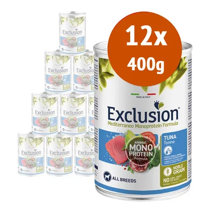 12 lattine da 400 g di Exclusion Mediterraneo Monoprotein Formula, tonno, per tutte le razze. Testo visibile: Animal Mono Protein Formula, Noble Grain, No Corn Wheat Soy Added. 12 lattine da 400 g di Exclusion Mediterraneo Monoprotein Formula, tonno, per tutte le razze. Testo visibile: Animal Mono Protein Formula, Noble Grain, No Corn Wheat Soy Added.