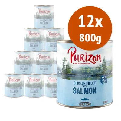 12 lattine da 800 g Purizon Chicken Fillet with Salmon per cani adulti, 45% chicken fillet visibile sulla confezione.