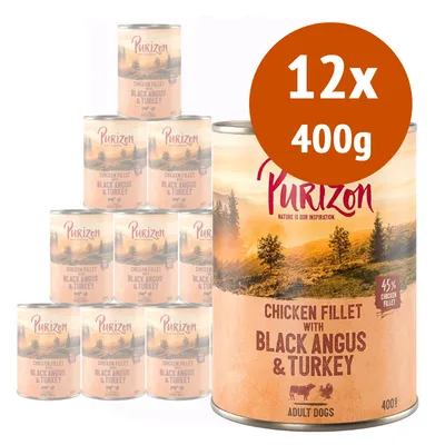 12 lattine da 400 g ciascuna di Purizon Chicken Fillet with Black Angus & Turkey per cani adulti, 45% chicken fillet visibile sulla confezione.