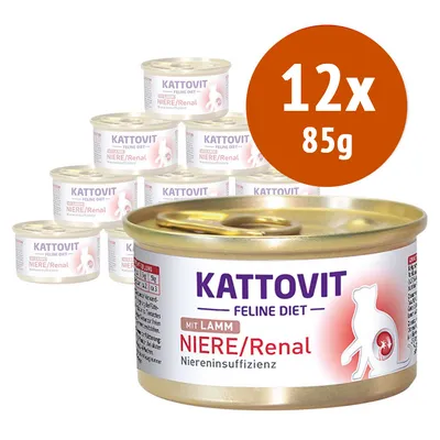 12x85g Kattovit Feline Diet Niere/Renal mit Lamm, Niereninsuffizienz. Confezione di 12 lattine da 85 g ciascuna, testo visibile: NIERE/Renal, mit Lamm, Niereninsuffizienz. 12x85g Kattovit Feline Diet Niere/Renal mit Lamm, Niereninsuffizienz. Confezione di 12 lattine da 85 g ciascuna, testo visibile: NIERE/Renal, mit Lamm, Niereninsuffizienz.