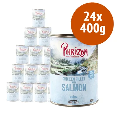 24 lattine Purizon Chicken Fillet with Salmon per gatti adulti, 400 g ciascuna. Testo visibile: 45% chicken fillet. 24 lattine Purizon Chicken Fillet with Salmon per gatti adulti, 400 g ciascuna. Testo visibile: 45% chicken fillet.