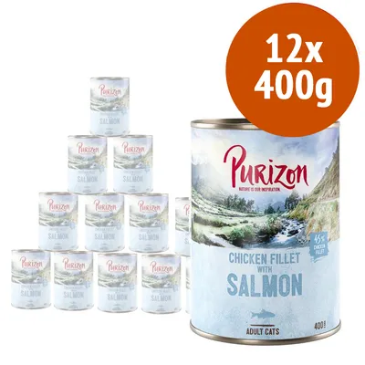 Purizon Chicken Fillet with Salmon per gatti adulti, confezione da 12 lattine da 400 g ciascuna. Testo visibile: 45% chicken fillet, adult cats.