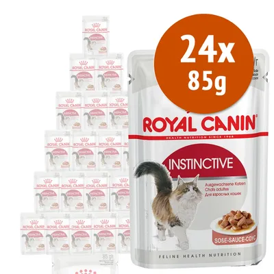 Royal Canin Instinctive per gatti adulti, confezione da 24 buste da 85 g ciascuna, immagine di un gatto e crocchette in salsa sulla confezione.