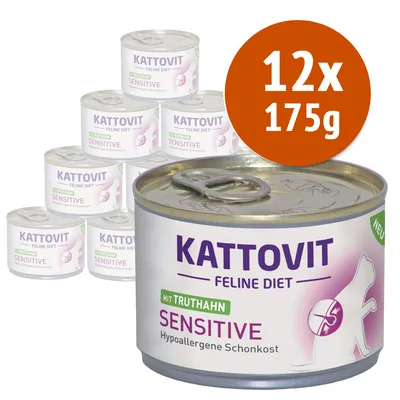 12 lattine da 175 g di Kattovit Feline Diet Sensitive mit Truthahn, Hypoallergene Schonkost. Testo visibile: 'Kattovit Feline Diet', 'Sensitive', 'mit Truthahn', 'Hypoallergene Schonkost'.