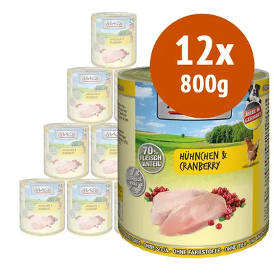 12 lattine da 800 g MAC's Huhnchen & Cranberry, 70% Fleischanteil, senza cereali, senza soia, senza coloranti, Made in Germany. Immagine di petto di pollo e mirtilli rossi sulla confezione.