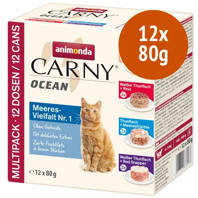 Animonda Carny Ocean Meeres-Vielfalt Nr. 1, multipack 12x80g, senza cereali, tre varianti: tonno bianco e manzo, tonno e frutti di mare, tonno bianco e red snapper. Immagine di gatto.