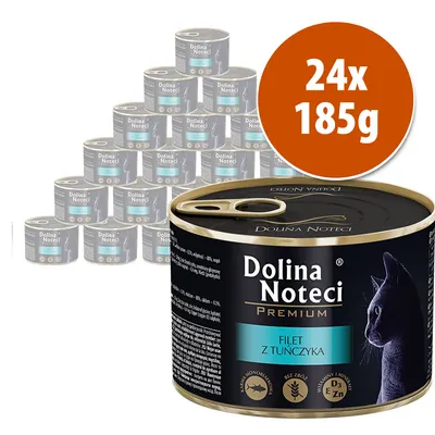 24 lattine da 185 g di Dolina Noteci Premium, filet z tuńczyka. Sull'etichetta: senza zucchero, ingredienti naturali, vitamine D3 e zinco. Immagine di un gatto sul fronte.