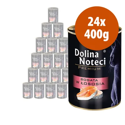 24x400g Dolina Noteci Premium, BOGATA W ŁOSOSIA, confezione di 24 lattine da 400g ciascuna con immagine di salmone e gatto sulla confezione.