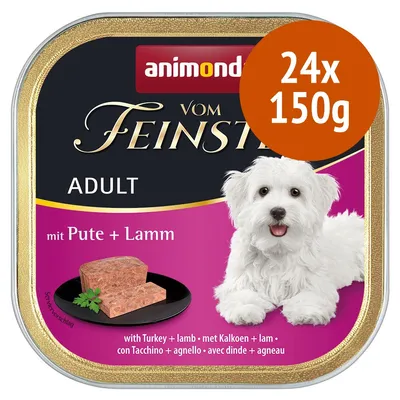 animonda Vom Feinsten Adult mit Pute + Lamm, 24x150g, confezione di alimento per cani adulti con tacchino e agnello, immagine di cane bianco e porzione di cibo su piatto nero