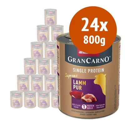 24 lattine da 800 g ciascuna di animonda GranCarno Single Protein Supreme Lamm Pur, visibile testo: 100% frische Zutaten, 1 Protein Quelle, senza cereali e glutine.