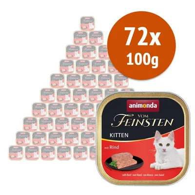 Animonda Vom Feinsten Kitten mit Rind, confezione da 72 vaschette da 100 g ciascuna, immagine della confezione con gatto bianco e scritta 'mit Rind'.