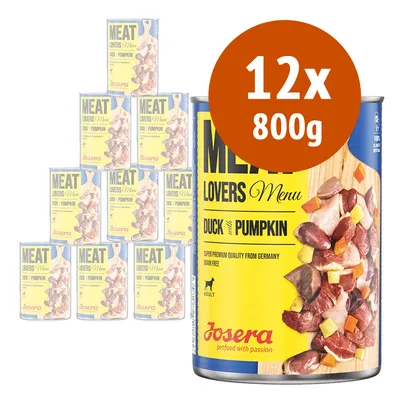 12 lattine da 800 g Josera Meat Lovers Menu Duck with Pumpkin. Testo visibile: super premium quality from Germany, sugar free, adult. Immagine di carne e zucca sul barattolo. 12 lattine da 800 g Josera Meat Lovers Menu Duck with Pumpkin. Testo visibile: super premium quality from Germany, sugar free, adult. Immagine di carne e zucca sul barattolo.