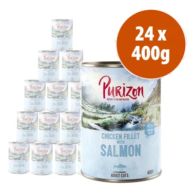 Pack de 24 latas de 400 g Purizon Chicken Fillet with Salmon para gatos adultos. Texto visible: 45 % chicken fillet, 400 g, adult cats.