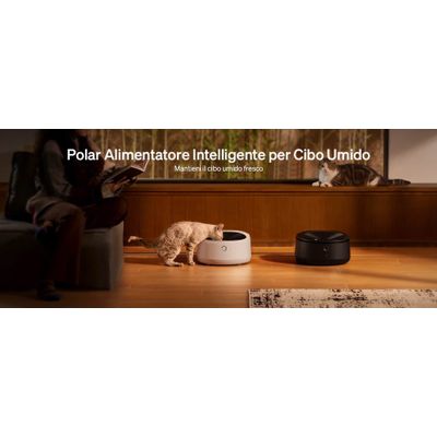 Polar Alimentatore Intelligente per alimento umido. Mantiene l'alimento umido fresco. Due distributori automatici di cibo, uno bianco e uno nero, il gatto mangia dal distributore bianco.