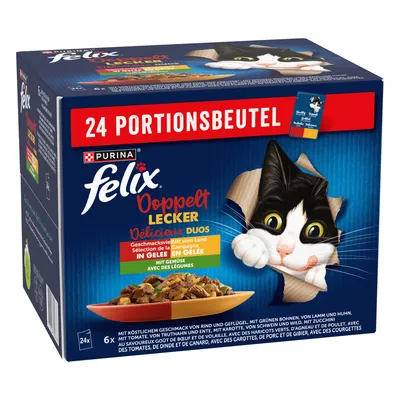 Purina Felix Doppelt Lecker Delicieux Duos, 24 saszetki, różnorodność smaków z lądu w galarecie z warzywami. Na zdjęciu widoczna jest miska z pokarmem oraz motyw kota.