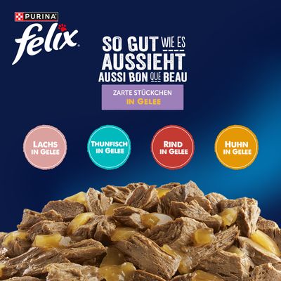 Jumbopack Felix "So gut wie es aussieht" Gelee 120 x 85 g - Fleisch Mixpaket 2 (Rind, Lachs, Huhn, Thunfisch)