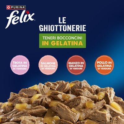 Felix Le Ghiottonerie in gelatina 24 x 85 g - Varietà con verdure (Manzo e Carote, Pollo, Salmone, Trota)